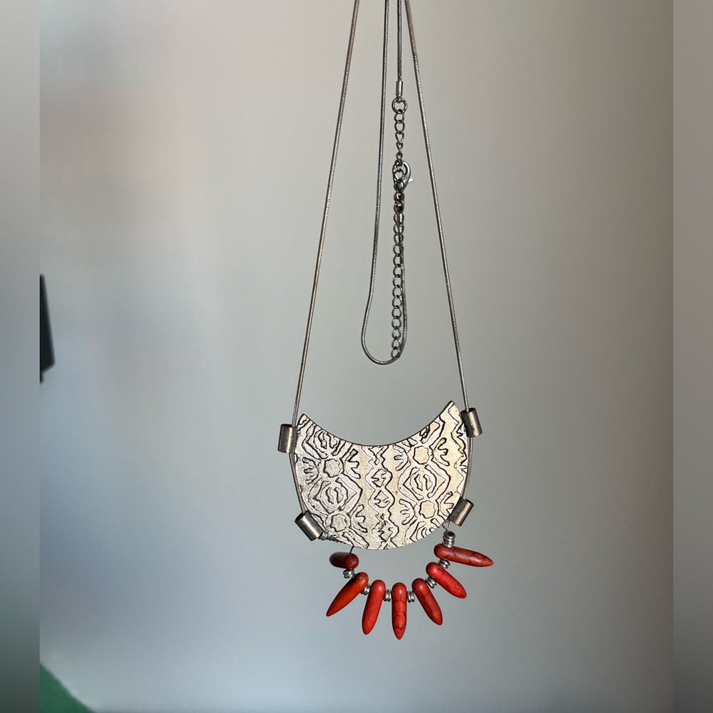 Free People long silver necklace with orange detailing